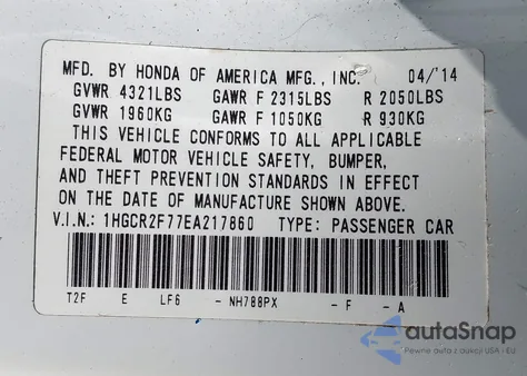 2014 Honda Accord Ex from USA, damaged, VIN 1HGCR2F77EA217860